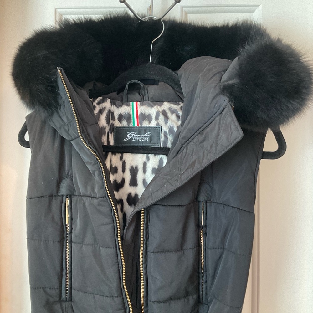 Gorski Apres-Ski Vest, hooded with detachable fox fur trim, NWOT, black, Size S - Picture 2 of 14
